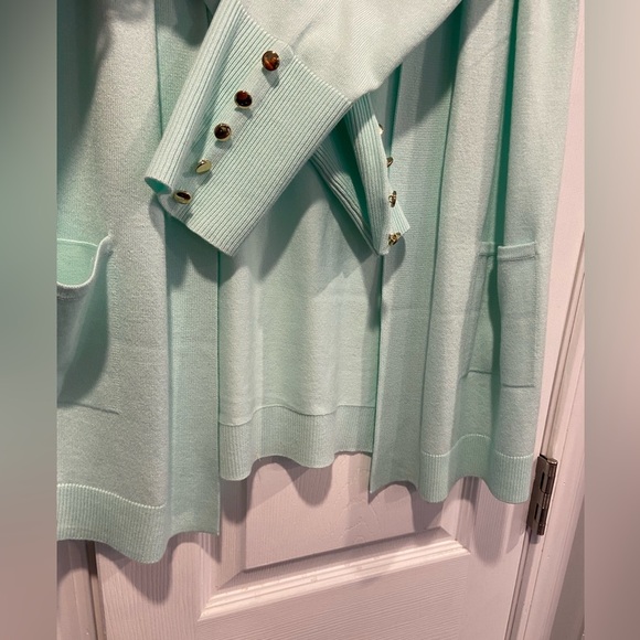 JM Collection Size LP Seafoam Open Front Gold Button Cuff Cardigan Lightweight - Picture 10 of 13